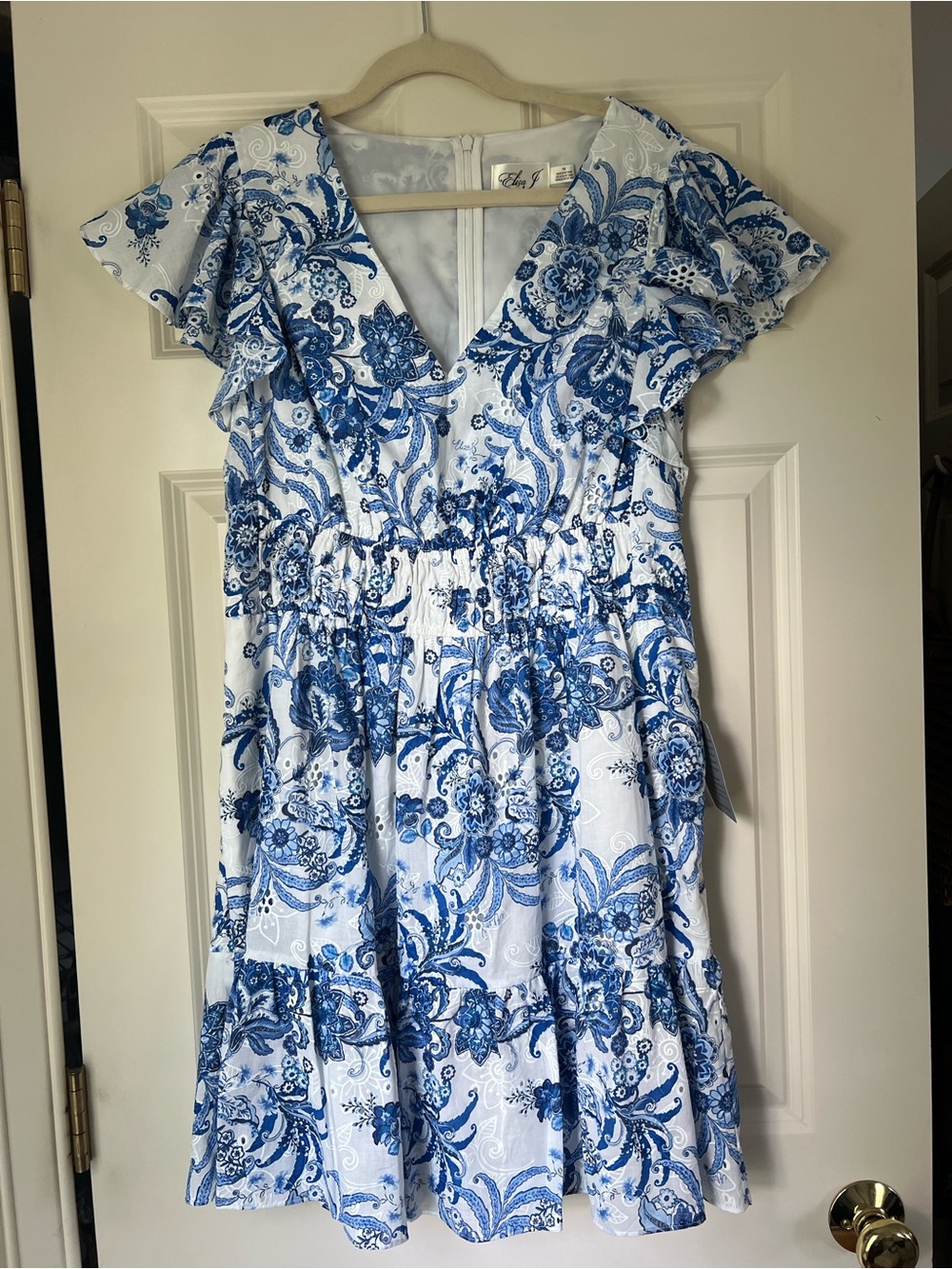 Eliza J Blue and White Floral V-Neck Dress